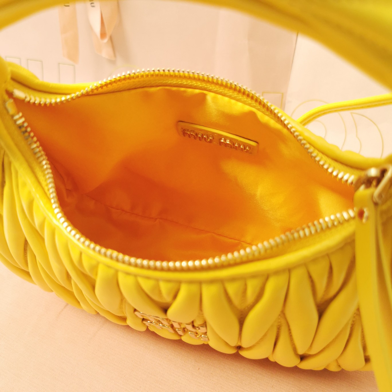 MiuMiu 5BC125 Miu Wander Matelasse Satin Mini Hobo Bag Yellow