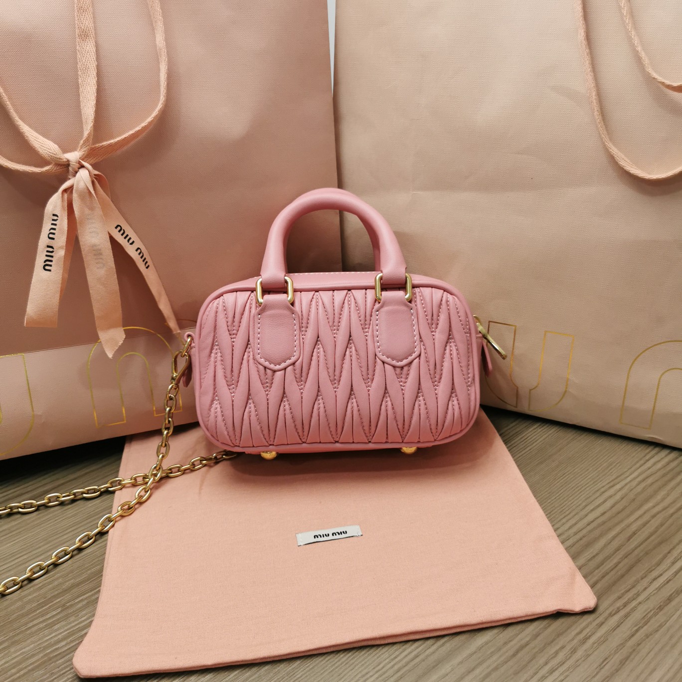 MiuMiu 5BP077 Matelasse Nappa Leather Top-Handle Mini-bag Rose