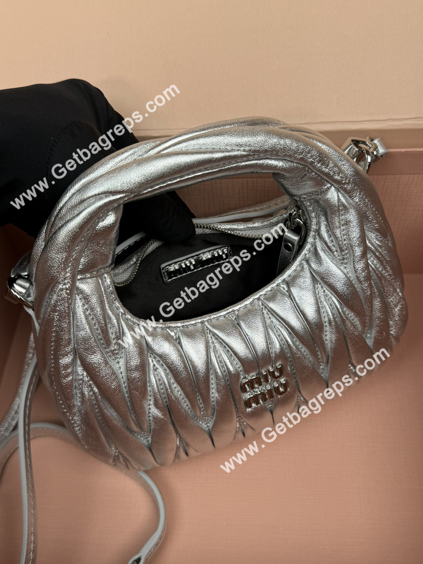 MiuMiu 5BP078 Wander Matelasse Nappa Leather Hobo mini-bag Silver