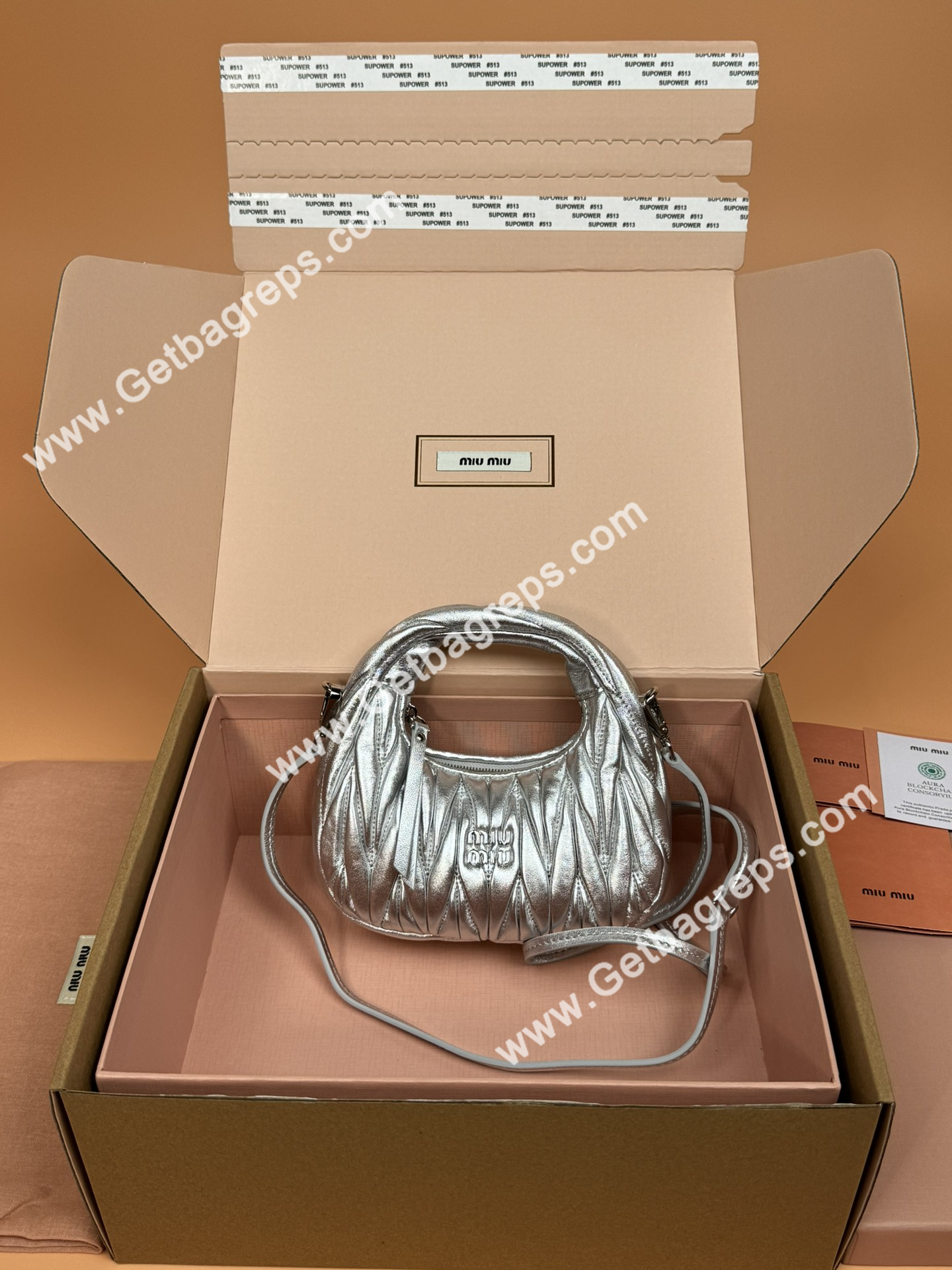 MiuMiu 5BP078 Wander Matelasse Nappa Leather Hobo mini-bag Silver