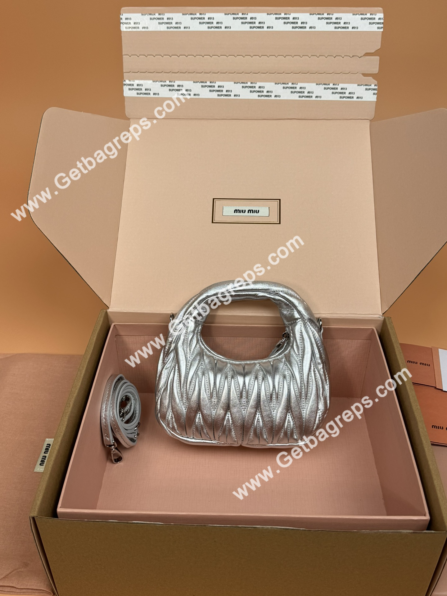 MiuMiu 5BP078 Wander Matelasse Nappa Leather Hobo mini-bag Silver
