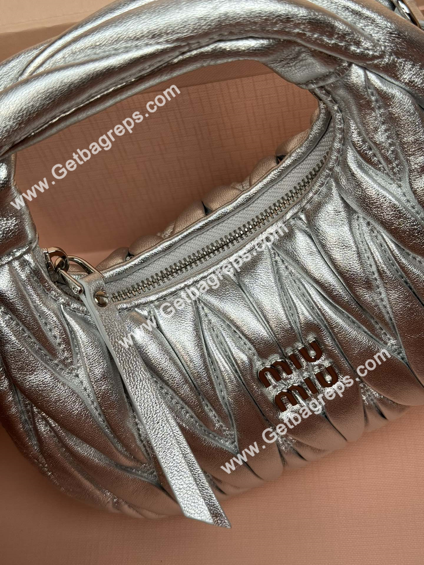 MiuMiu 5BP078 Wander Matelasse Nappa Leather Hobo mini-bag Silver