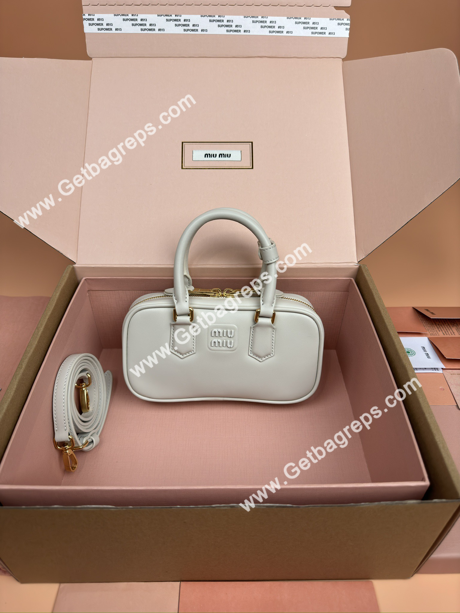 MiuMiu 5BP088 Arcadie Leather Mini-bag Beige