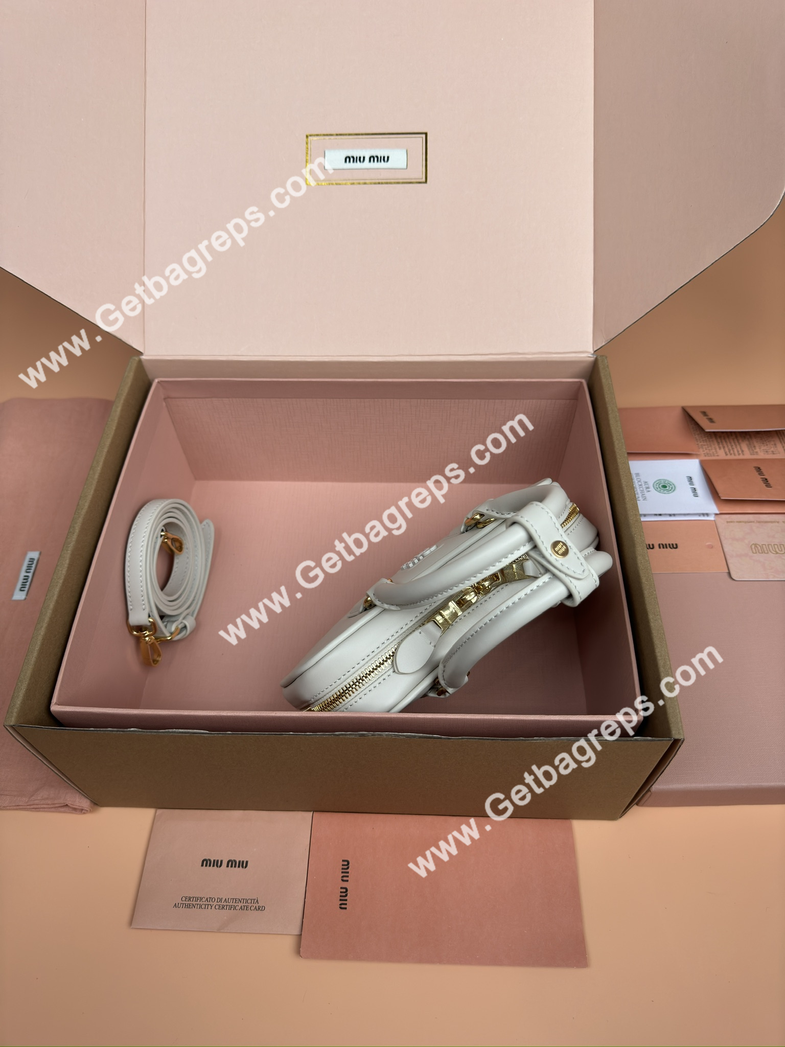 MiuMiu 5BP088 Arcadie Leather Mini-bag Beige