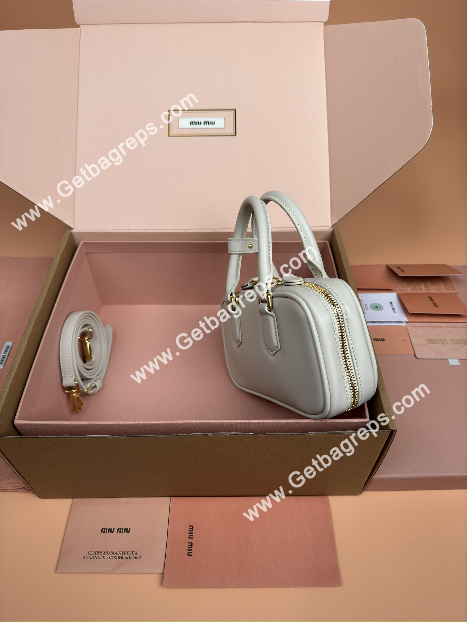 MiuMiu 5BP088 Arcadie Leather Mini-bag Beige