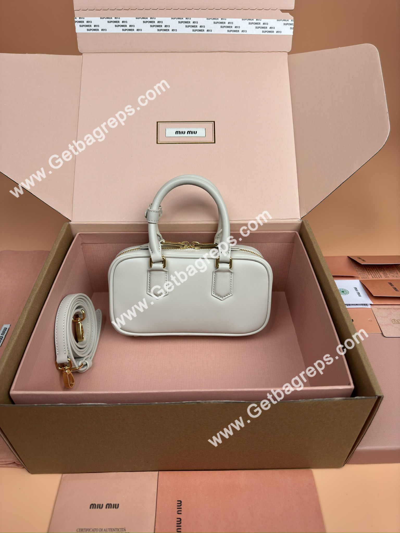 MiuMiu 5BP088 Arcadie Leather Mini-bag Beige