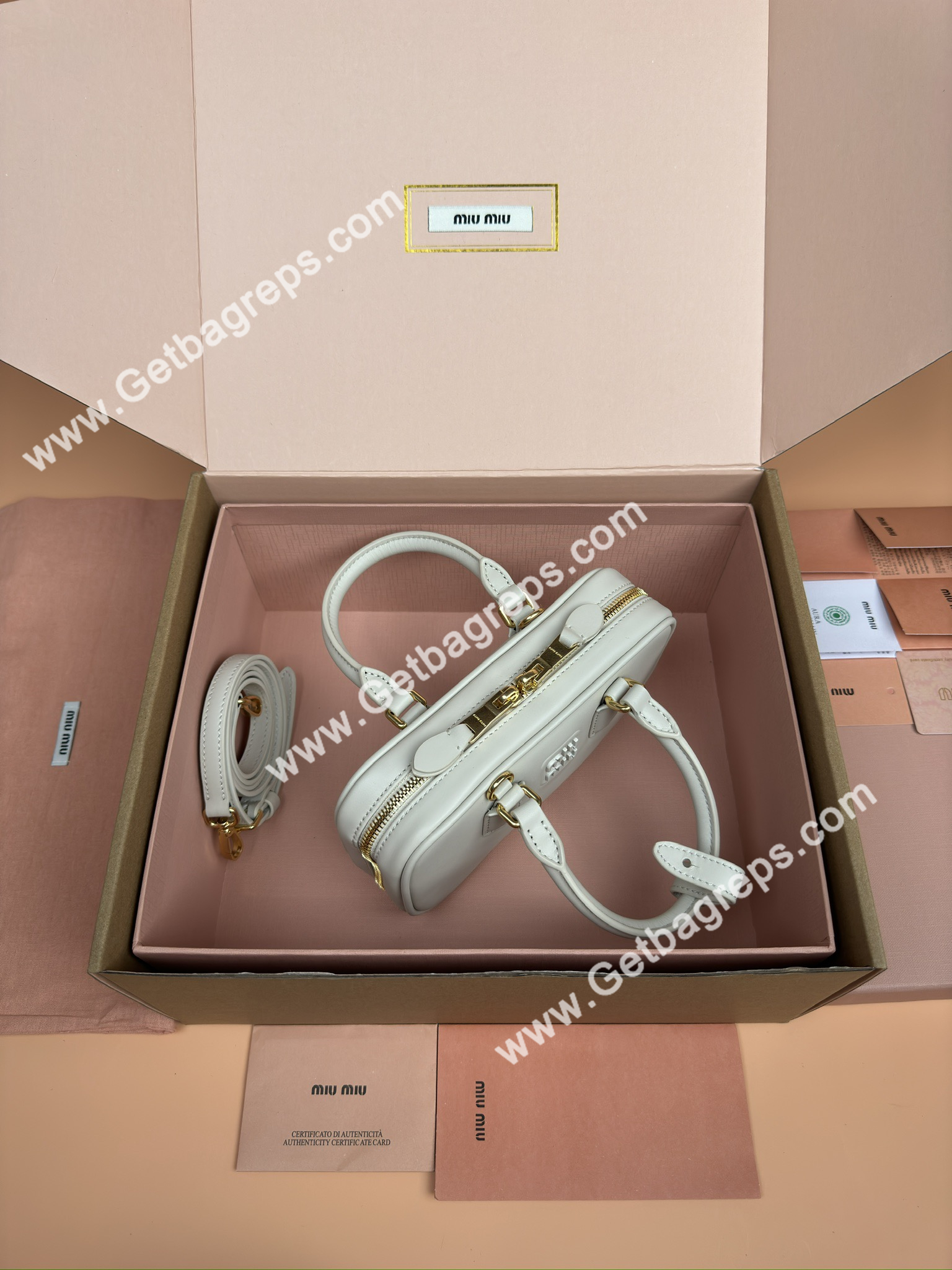 MiuMiu 5BP088 Arcadie Leather Mini-bag Beige