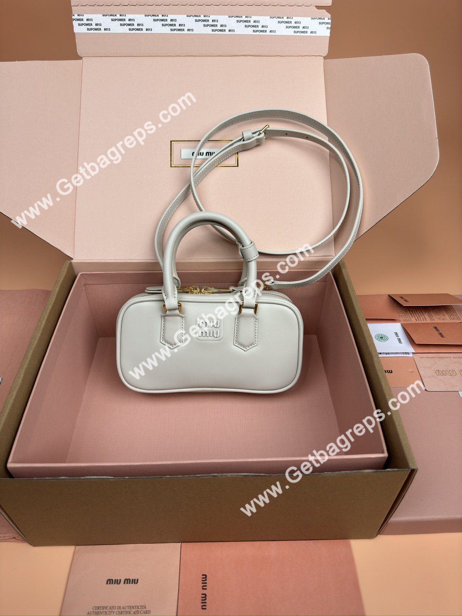 MiuMiu 5BP088 Arcadie Leather Mini-bag Beige