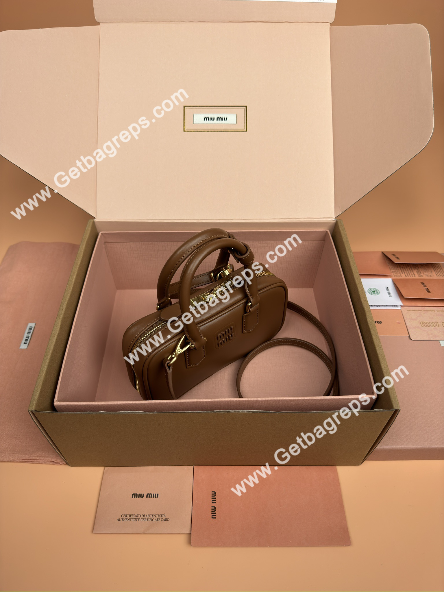 MiuMiu 5BP088 Arcadie Leather Mini-bag Brown