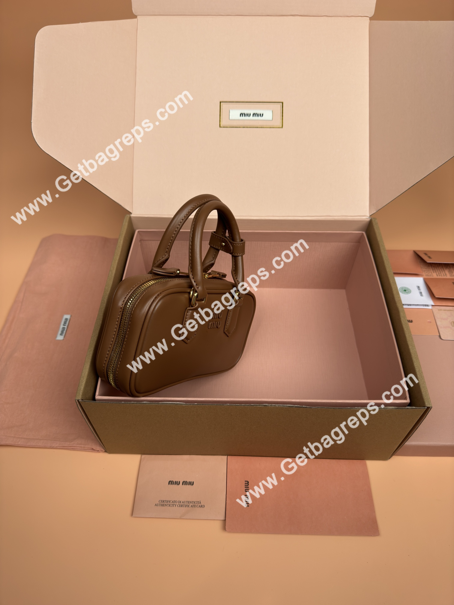 MiuMiu 5BP088 Arcadie Leather Mini-bag Brown