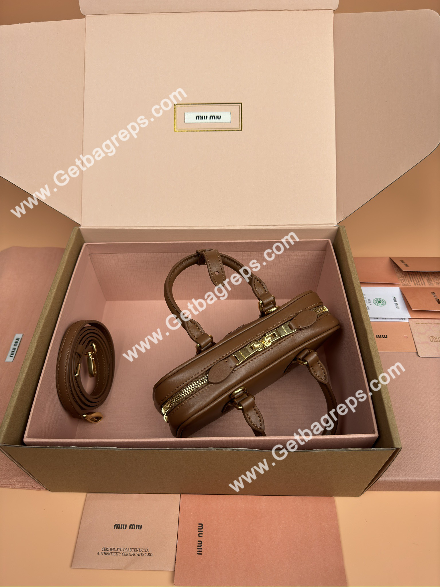 MiuMiu 5BP088 Arcadie Leather Mini-bag Brown