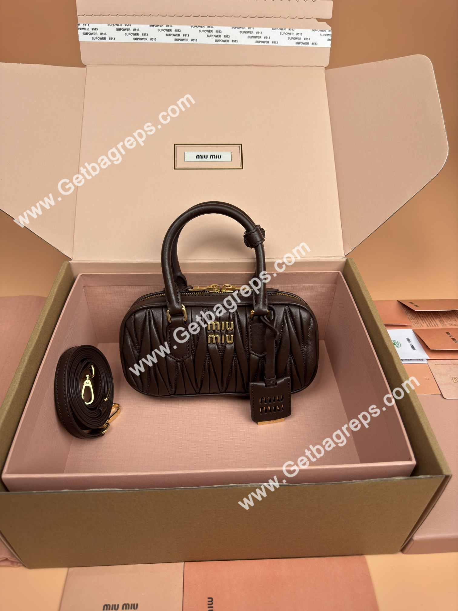 MiuMiu 5BP088 Arcadie Matelasse Nappa Leather Mini-bag Coffee