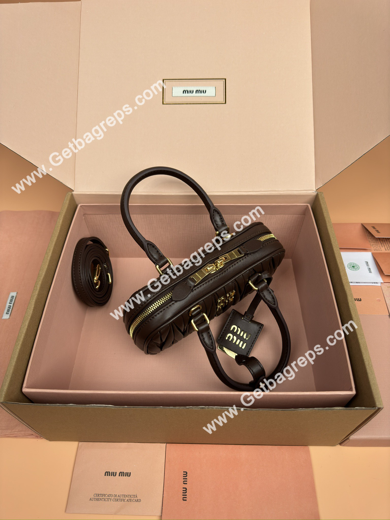 MiuMiu 5BP088 Arcadie Matelasse Nappa Leather Mini-bag Coffee