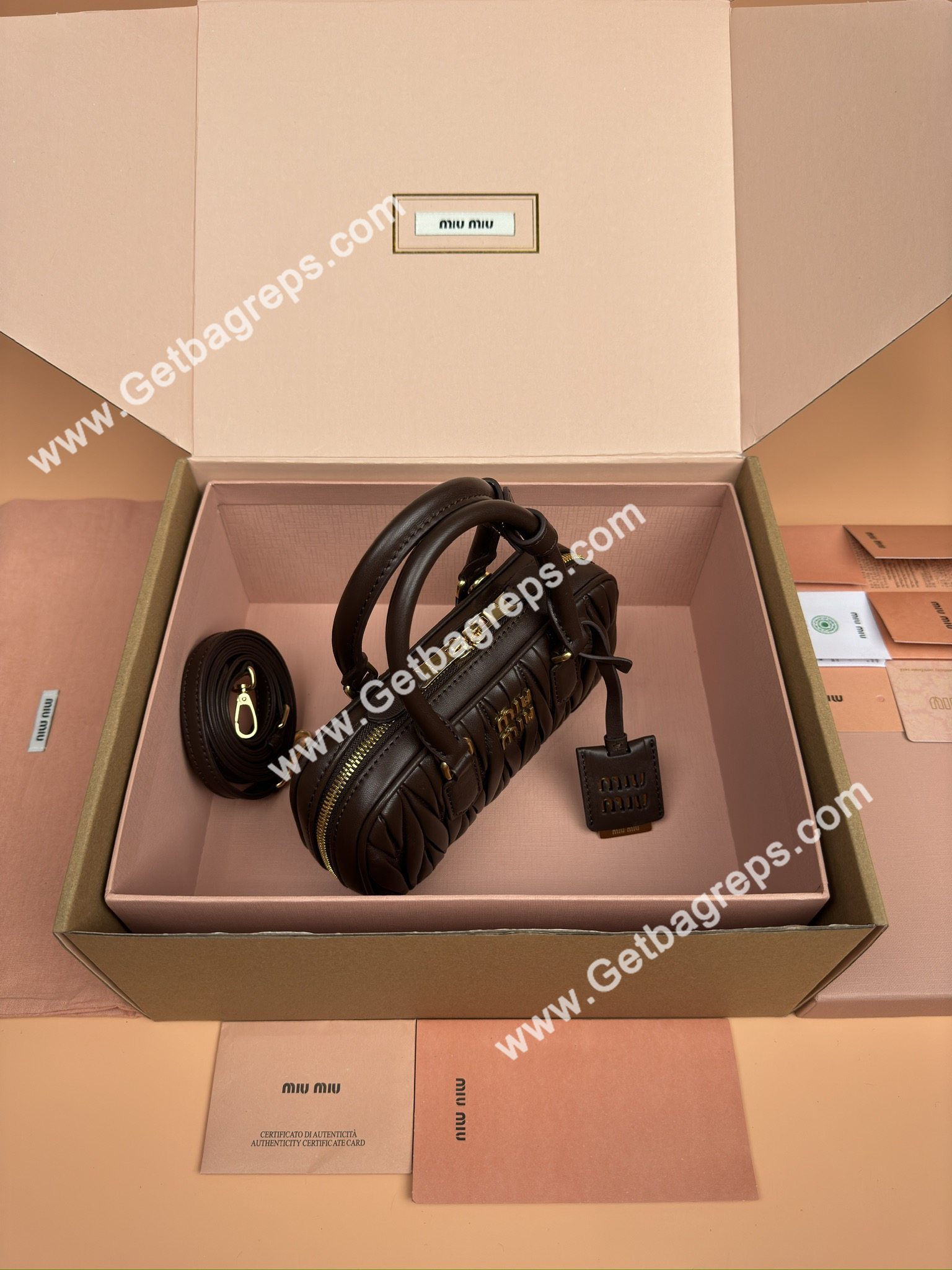 MiuMiu 5BP088 Arcadie Matelasse Nappa Leather Mini-bag Coffee