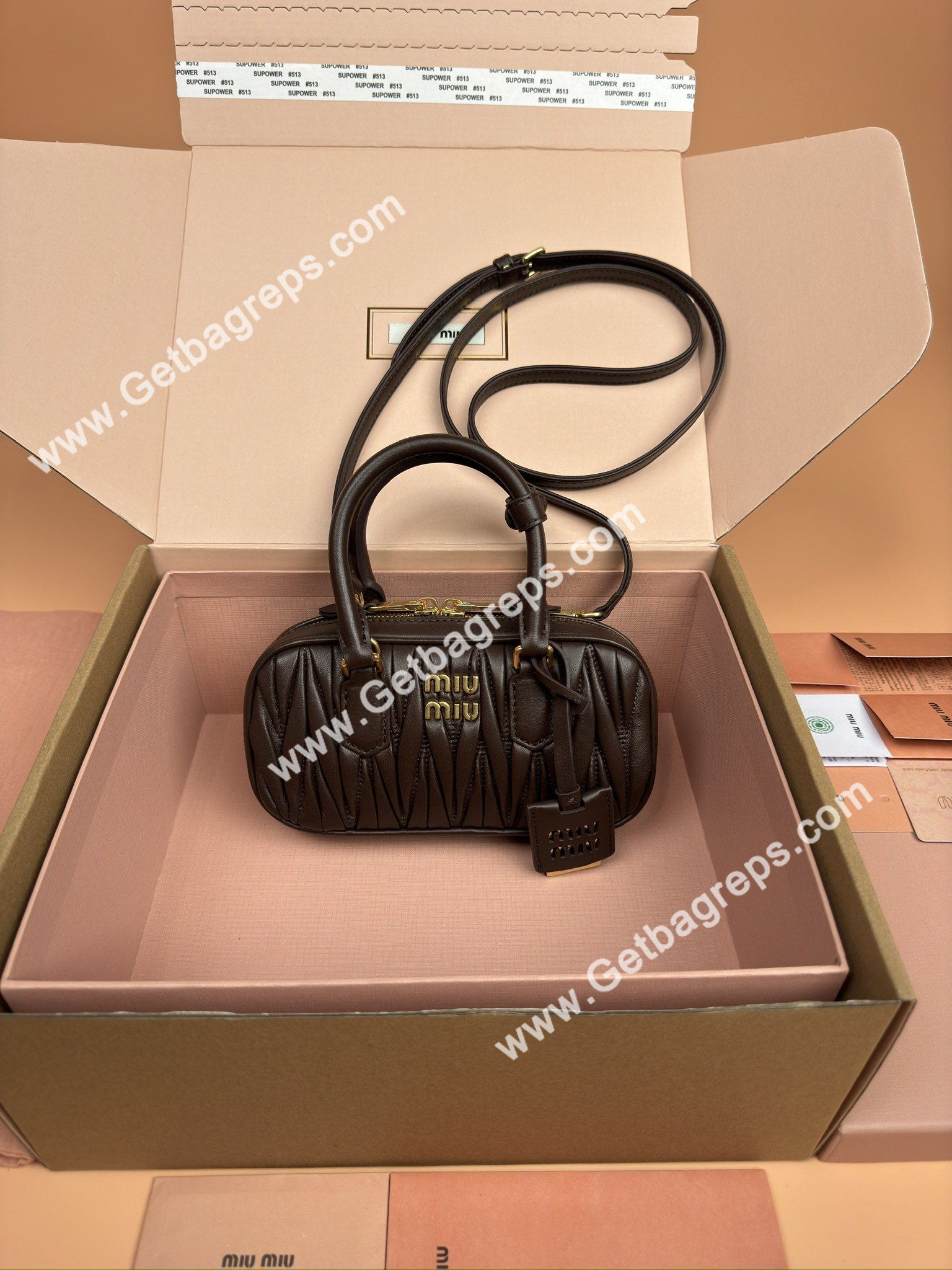 MiuMiu 5BP088 Arcadie Matelasse Nappa Leather Mini-bag Coffee