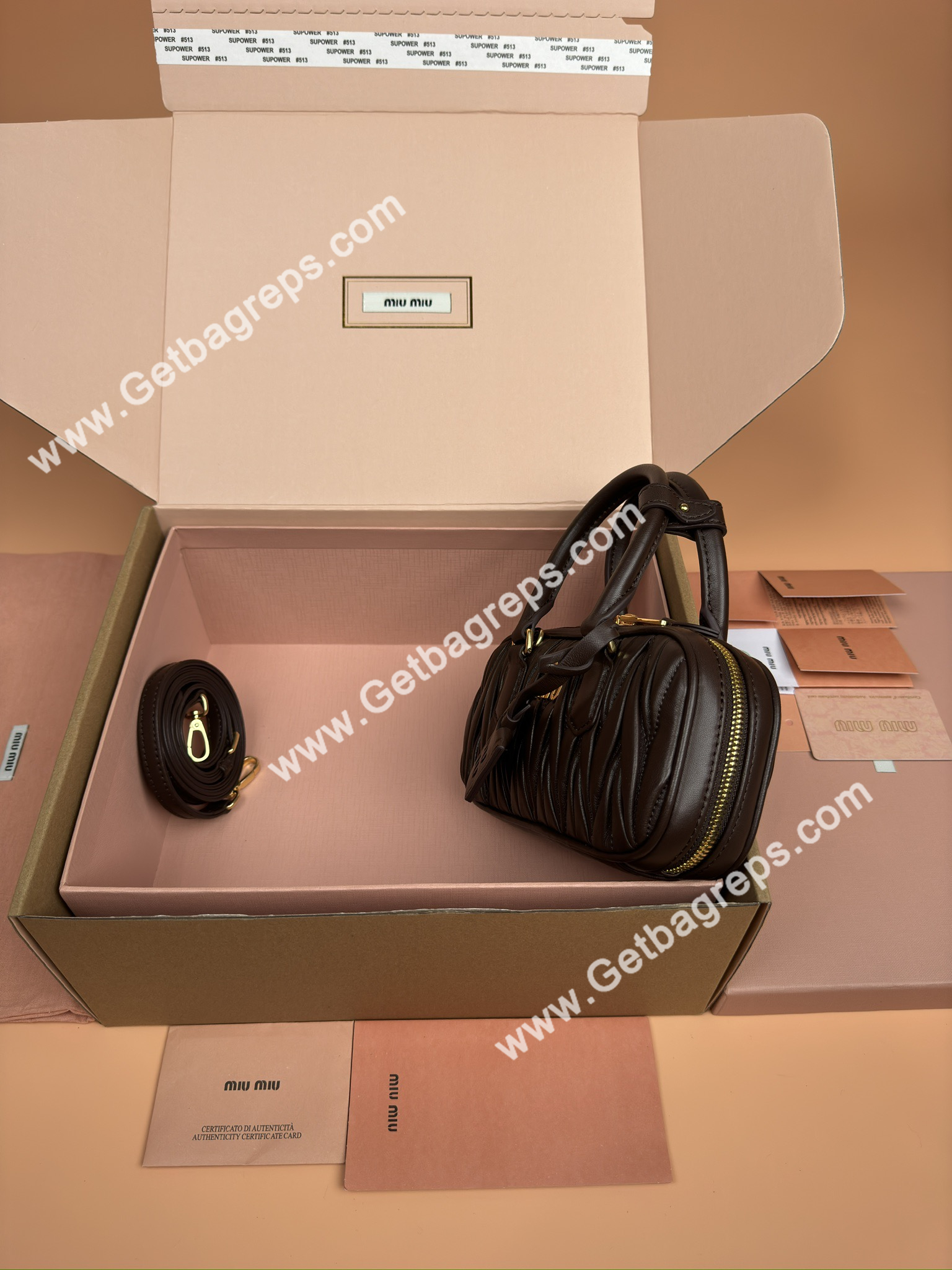 MiuMiu 5BP088 Arcadie Matelasse Nappa Leather Mini-bag Coffee