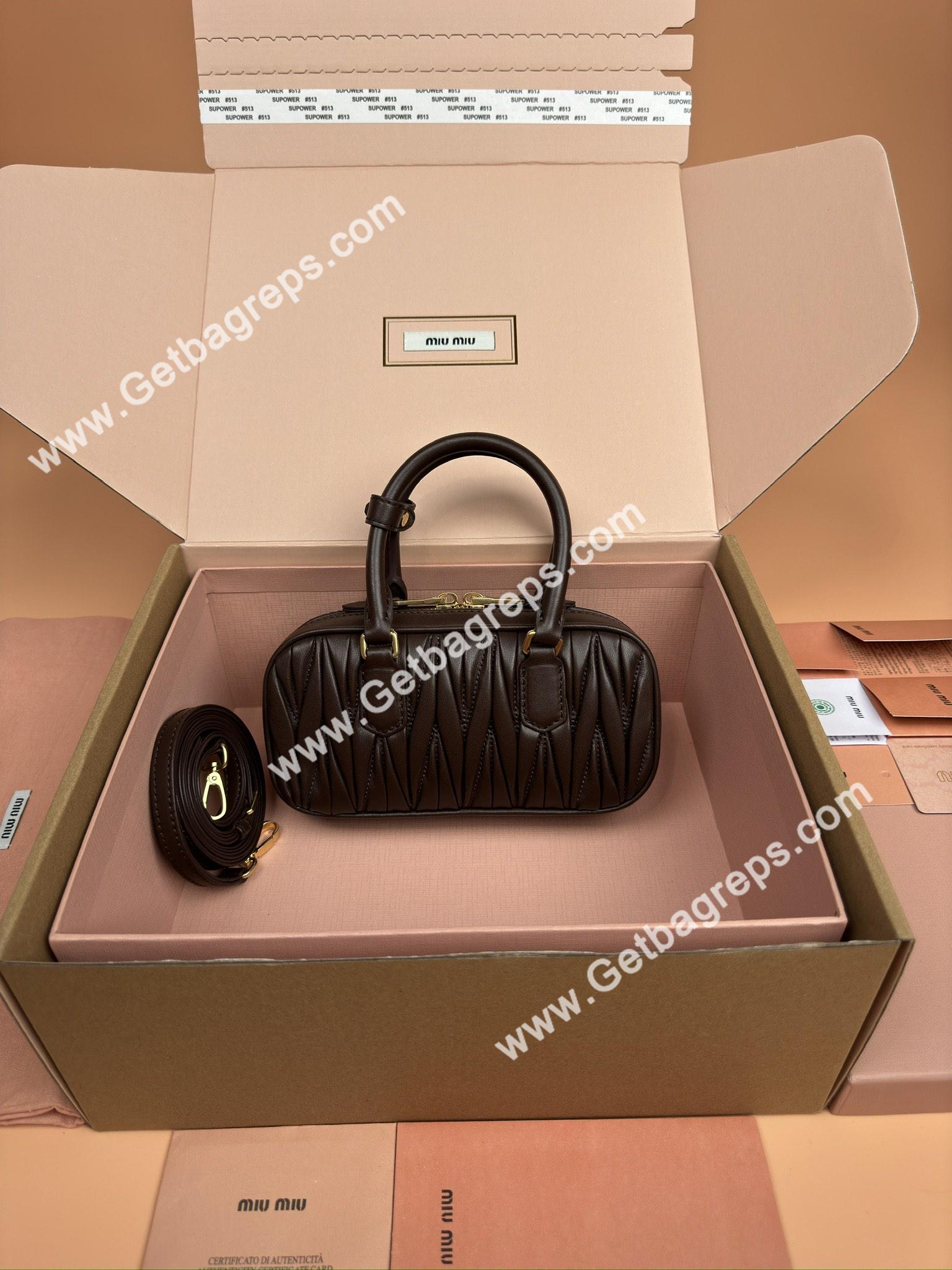 MiuMiu 5BP088 Arcadie Matelasse Nappa Leather Mini-bag Coffee