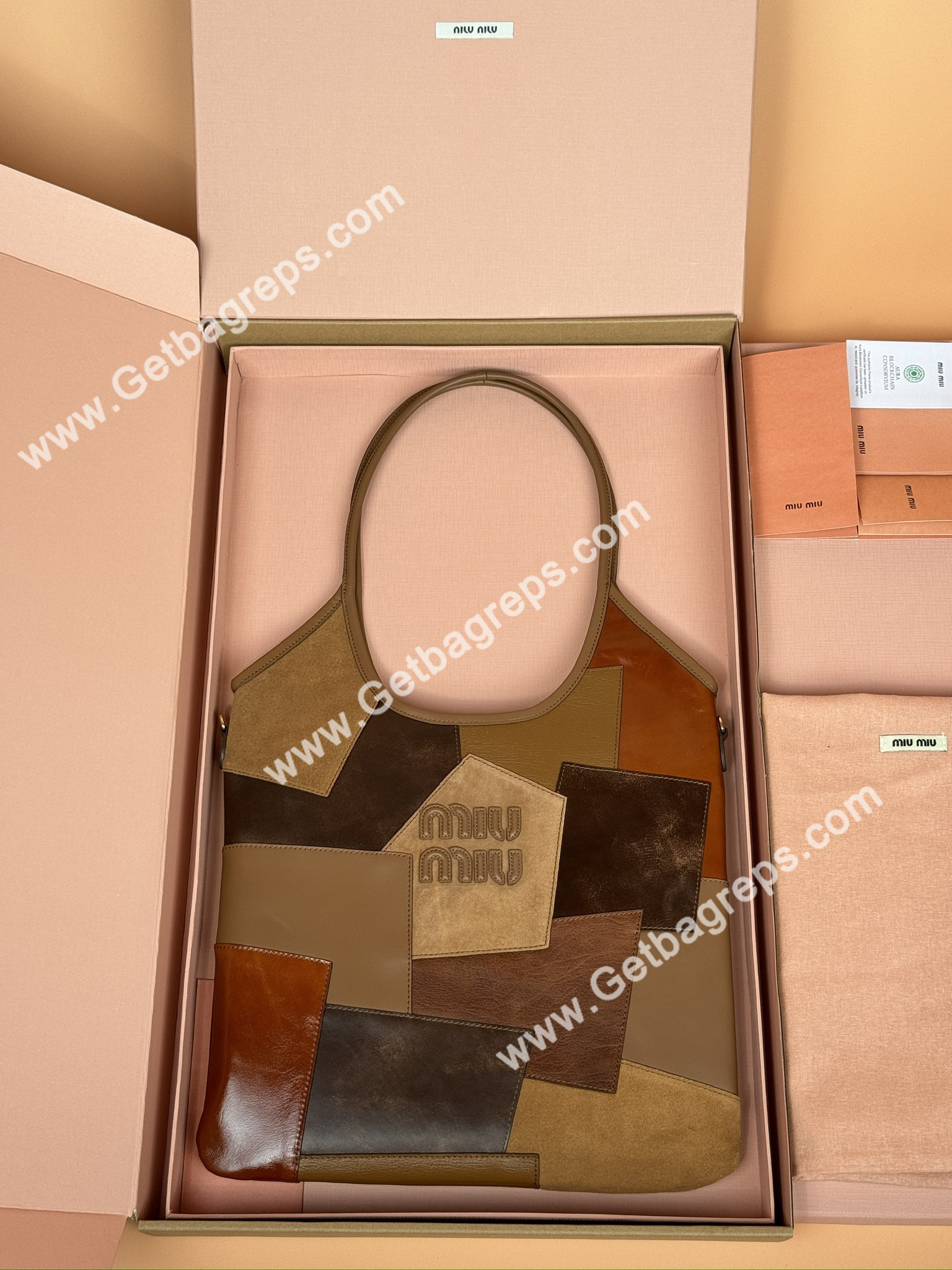 MiuMiu IVY Leather Patchwork Bag Cognac