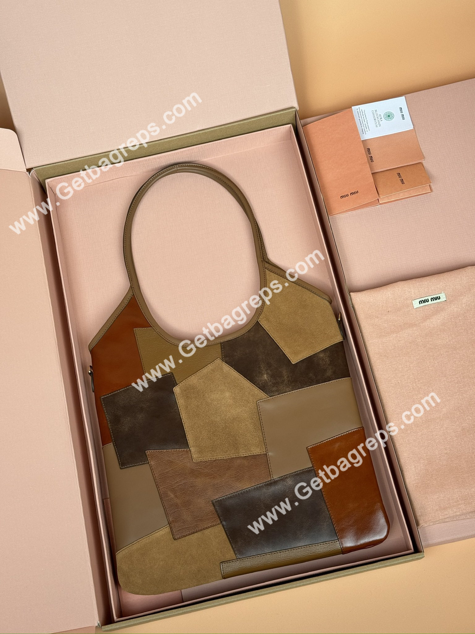 MiuMiu IVY Leather Patchwork Bag Cognac