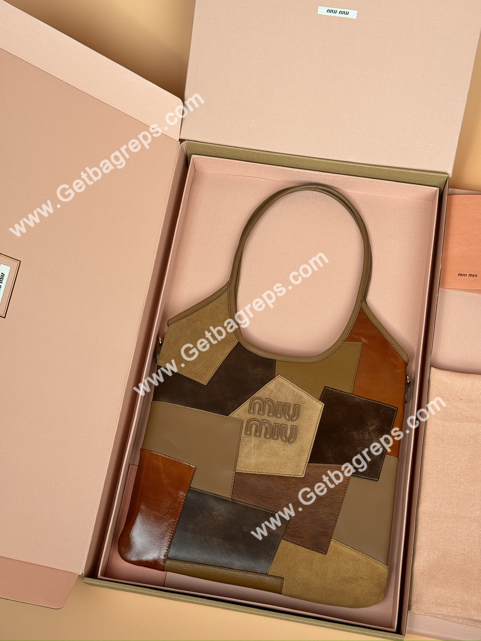 MiuMiu IVY Leather Patchwork Bag Cognac