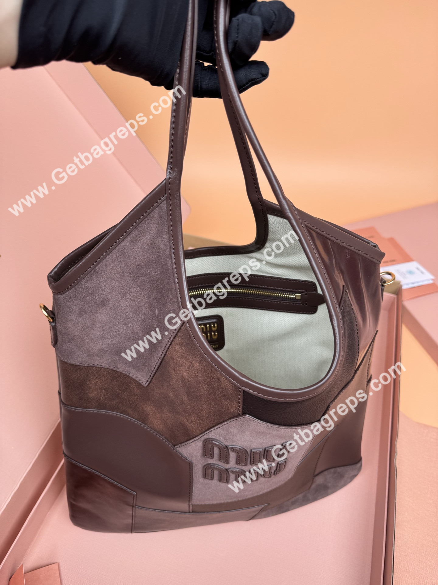 MiuMiu IVY Leather patchwork Bag Briarwood