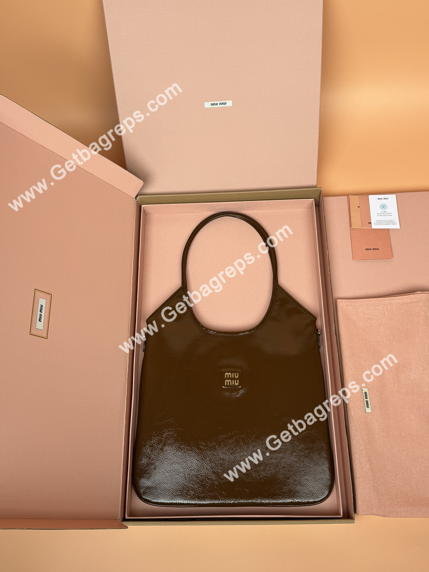 MiuMiu IVY Naplak Patented Sheepskin Leather Hadnbag Brown