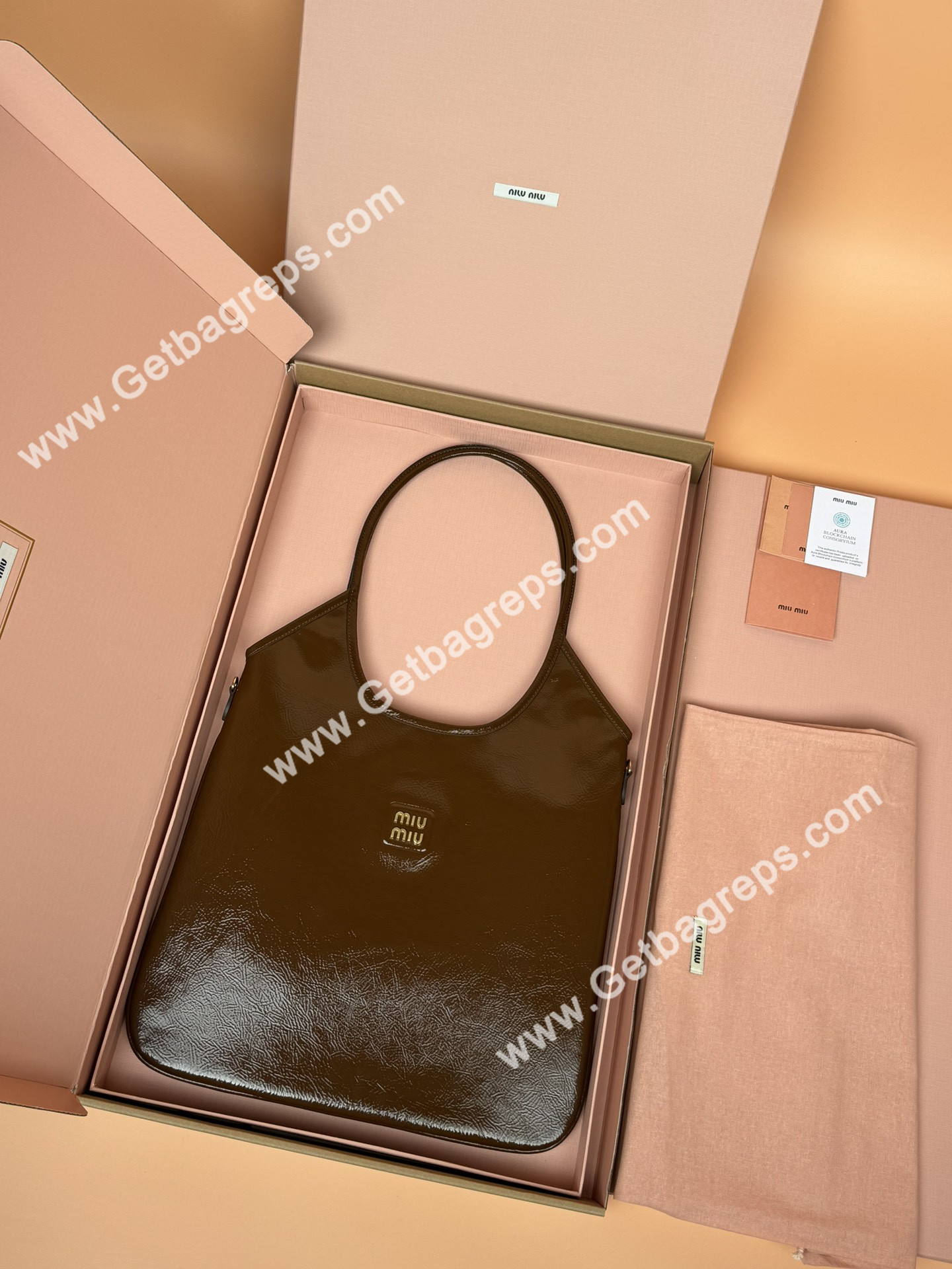 MiuMiu IVY Naplak Patented Sheepskin Leather Hadnbag Brown
