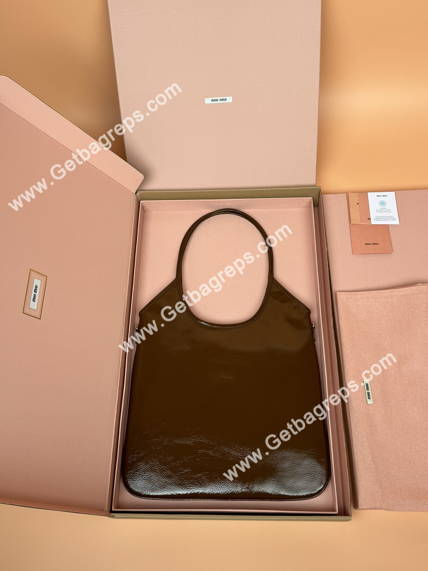 MiuMiu IVY Naplak Patented Sheepskin Leather Hadnbag Brown