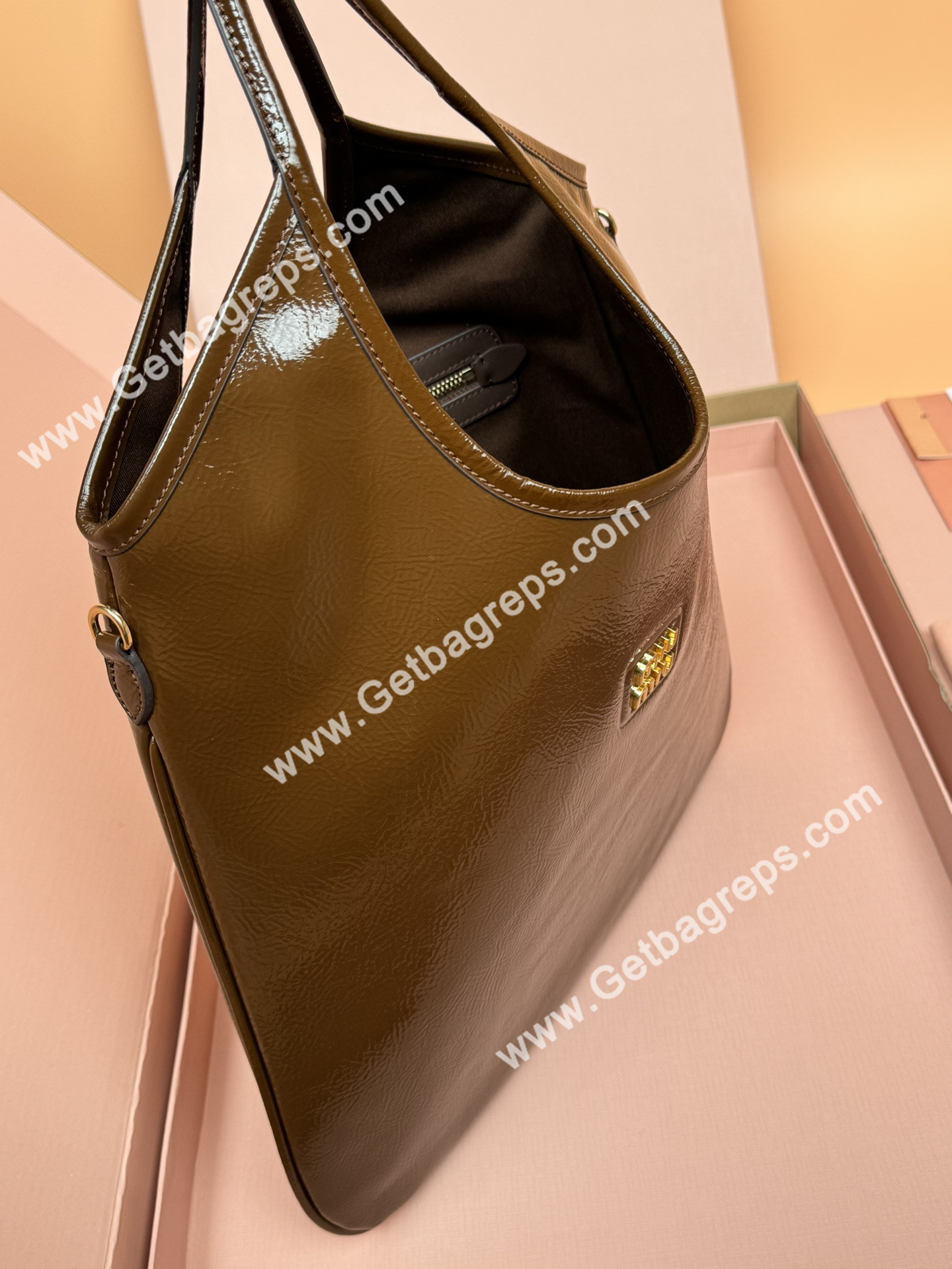 MiuMiu IVY Naplak Patented Sheepskin Leather Hadnbag Brown
