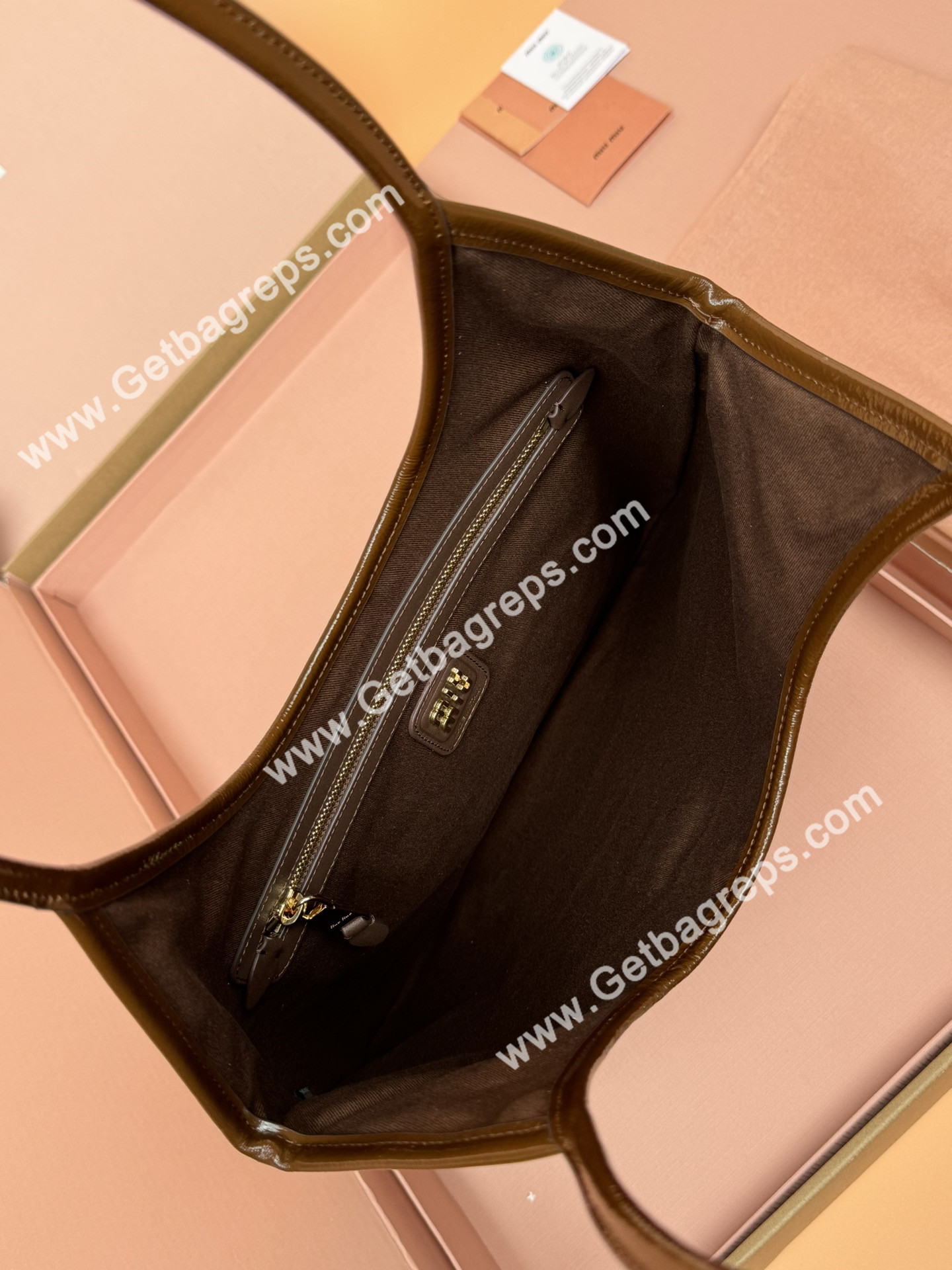 MiuMiu IVY Naplak Patented Sheepskin Leather Hadnbag Brown