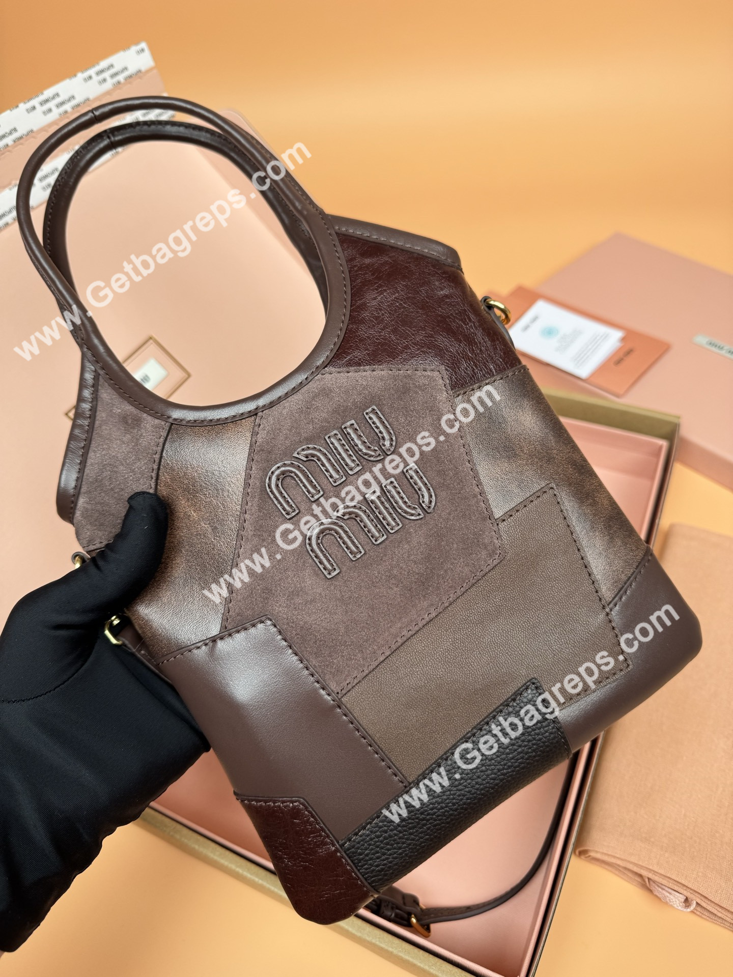 MiuMiu Small IVY Leather Patchwork Bag Briarwood