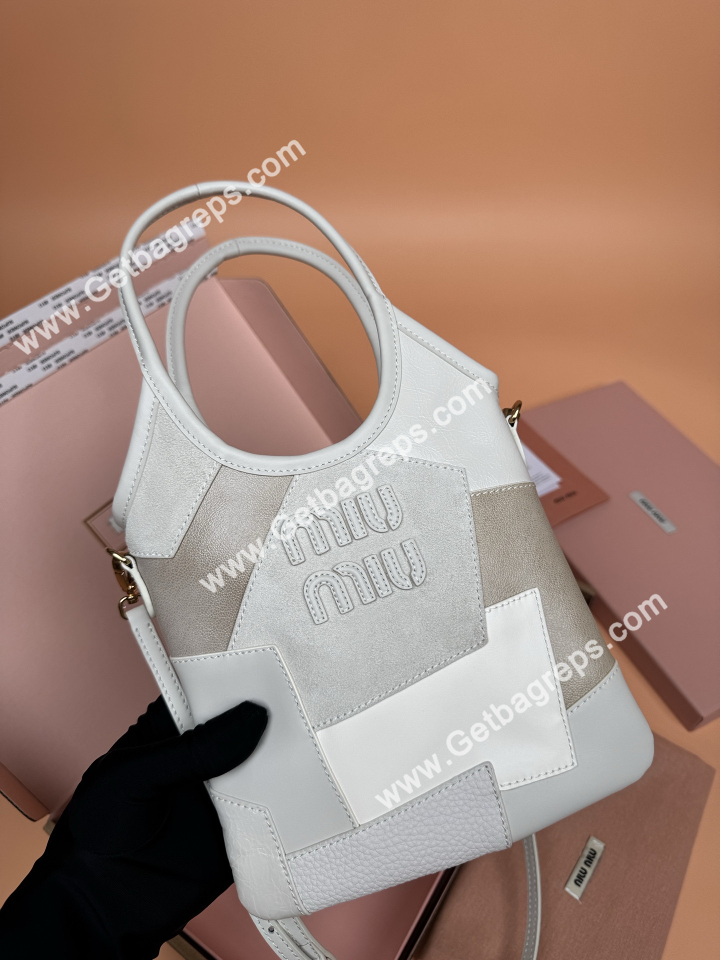 MiuMiu Small IVY Leather Patchwork Bag Chalk White
