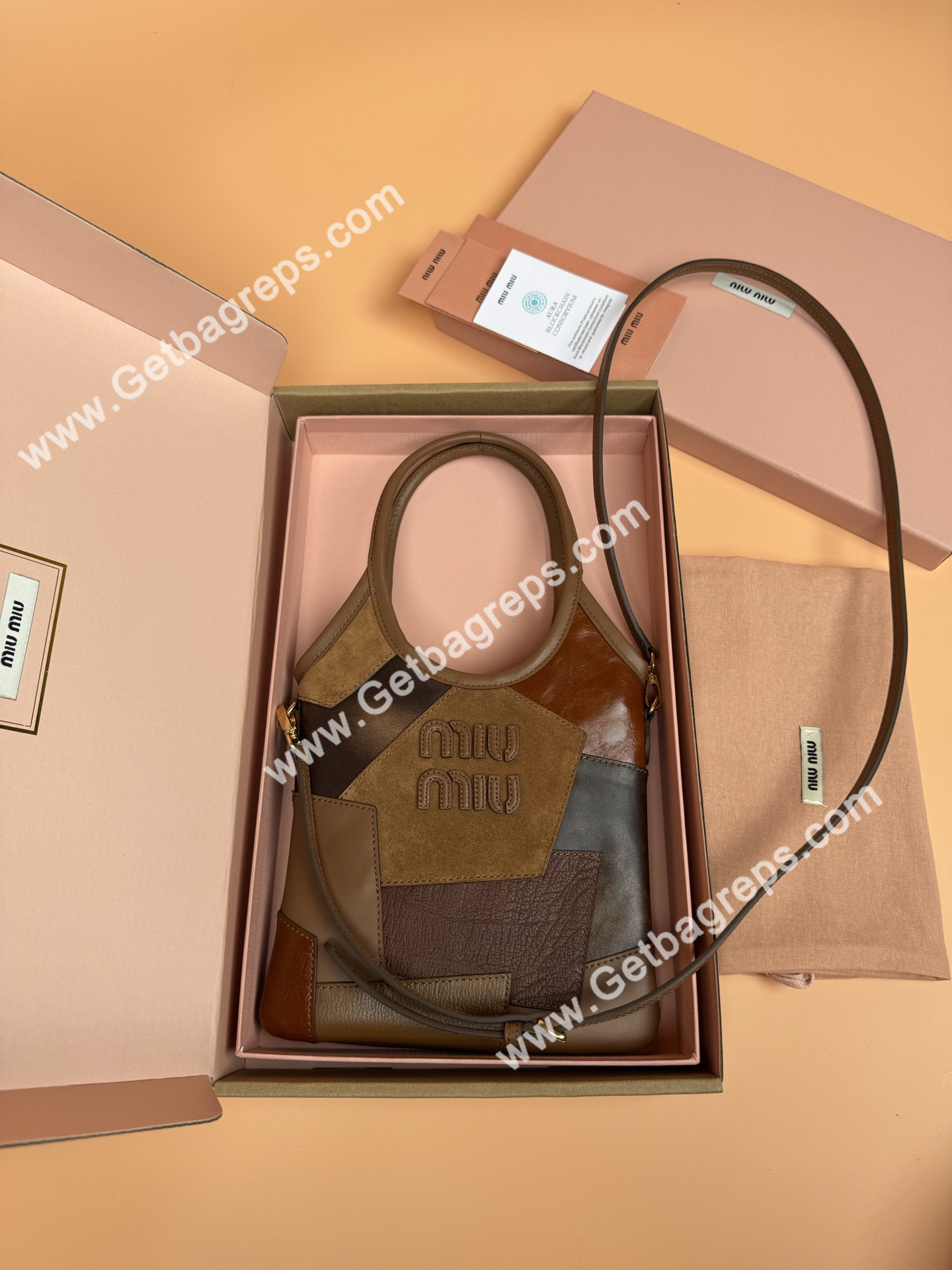 MiuMiu Small IVY Leather Patchwork Bag Cognac