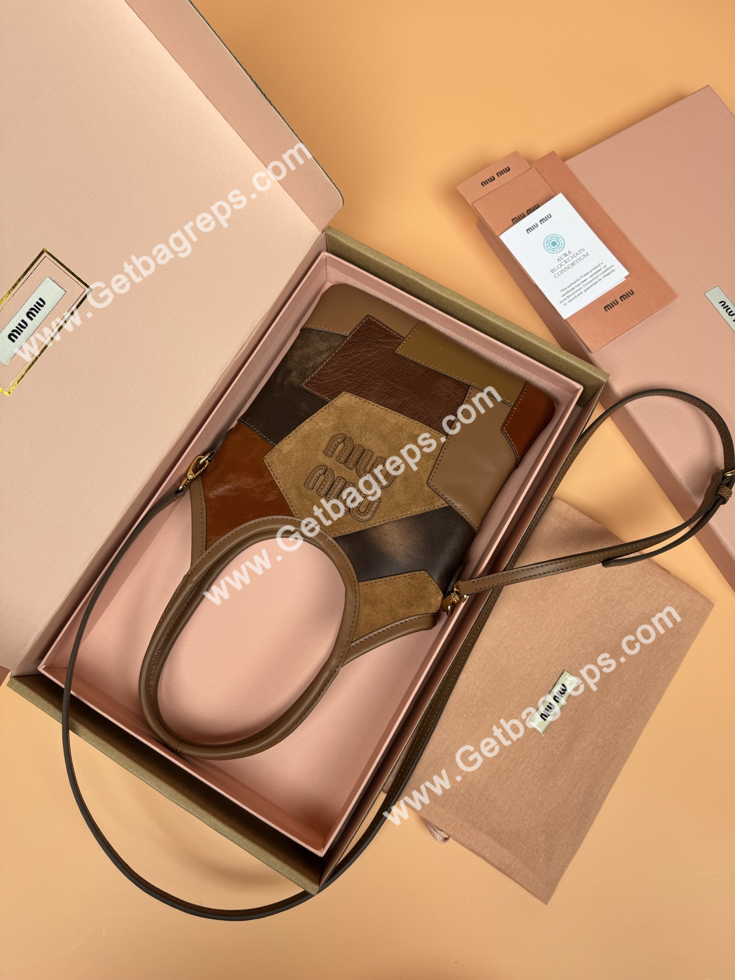 MiuMiu Small IVY Leather Patchwork Bag Cognac