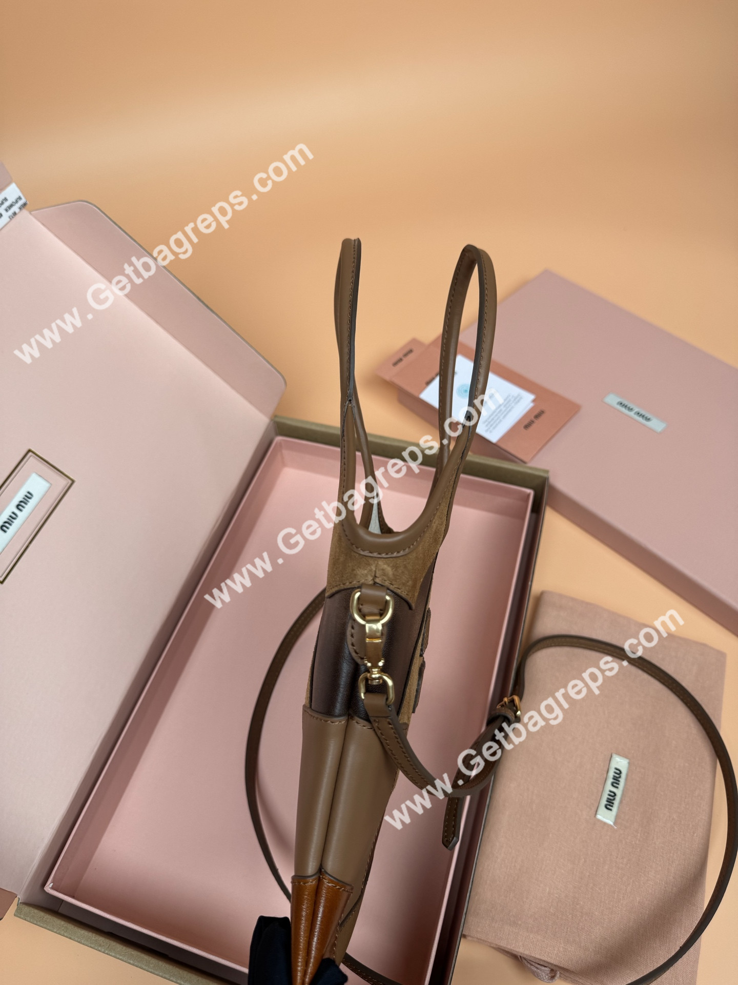 MiuMiu Small IVY Leather Patchwork Bag Cognac