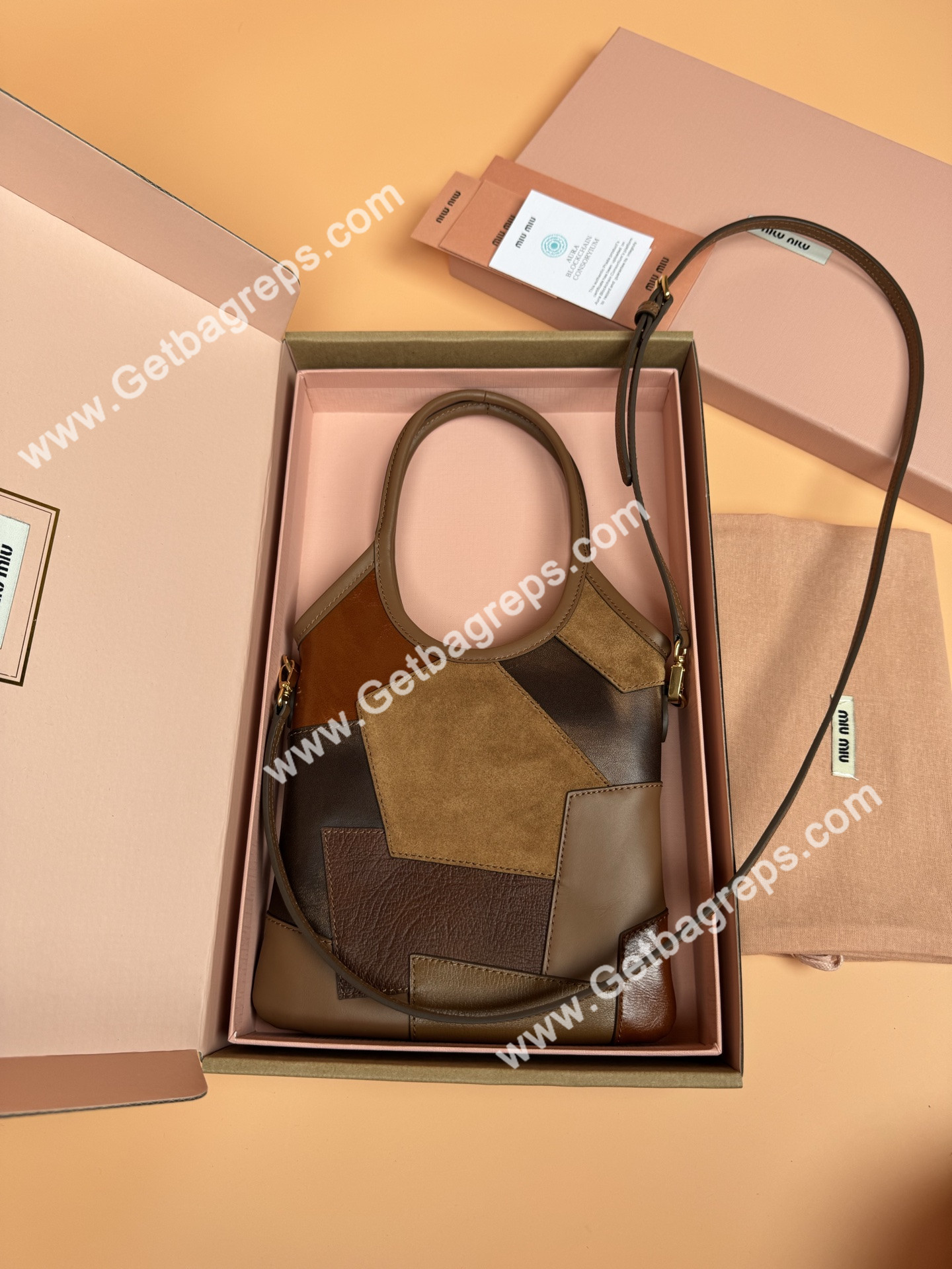 MiuMiu Small IVY Leather Patchwork Bag Cognac