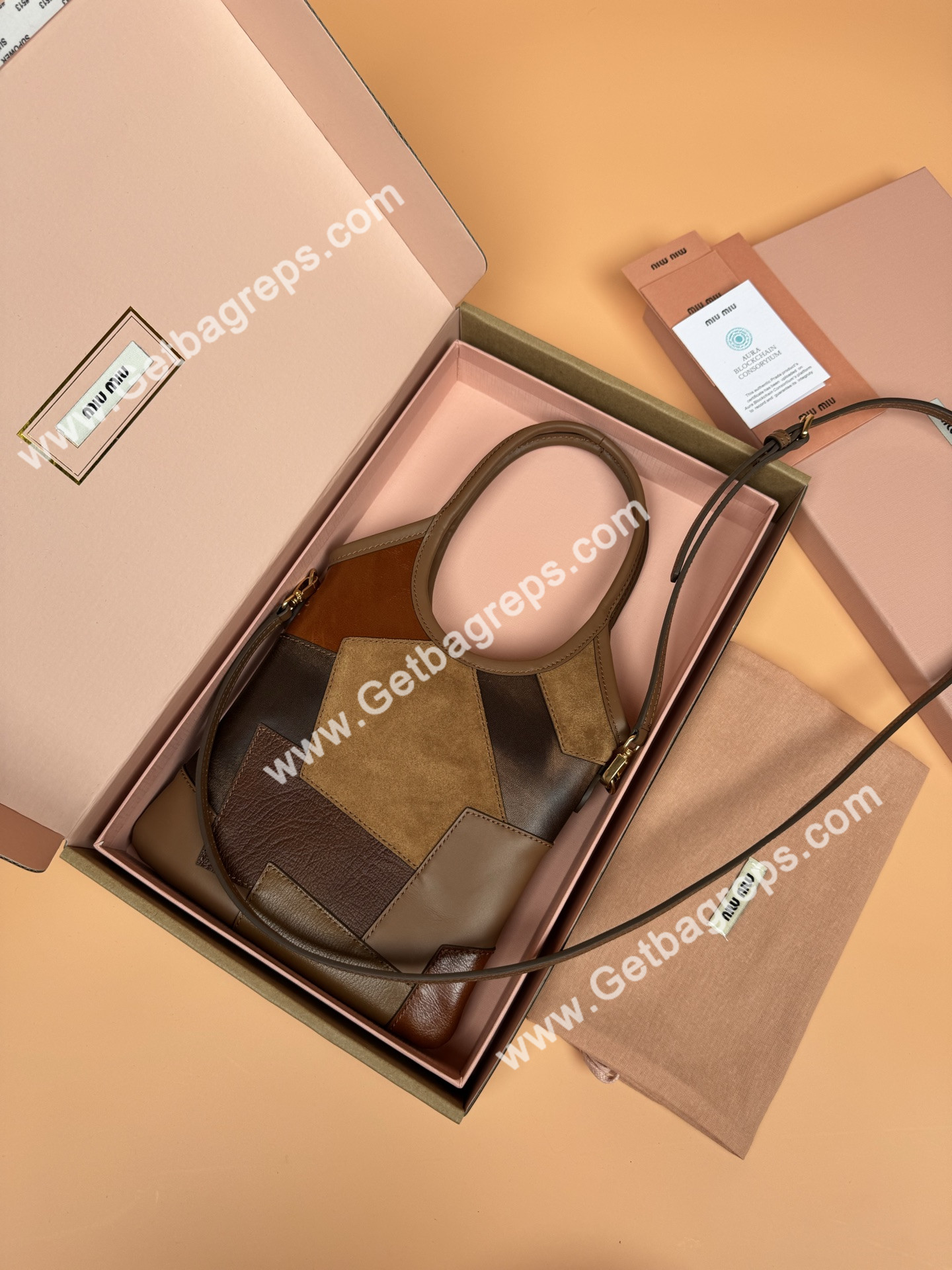 MiuMiu Small IVY Leather Patchwork Bag Cognac