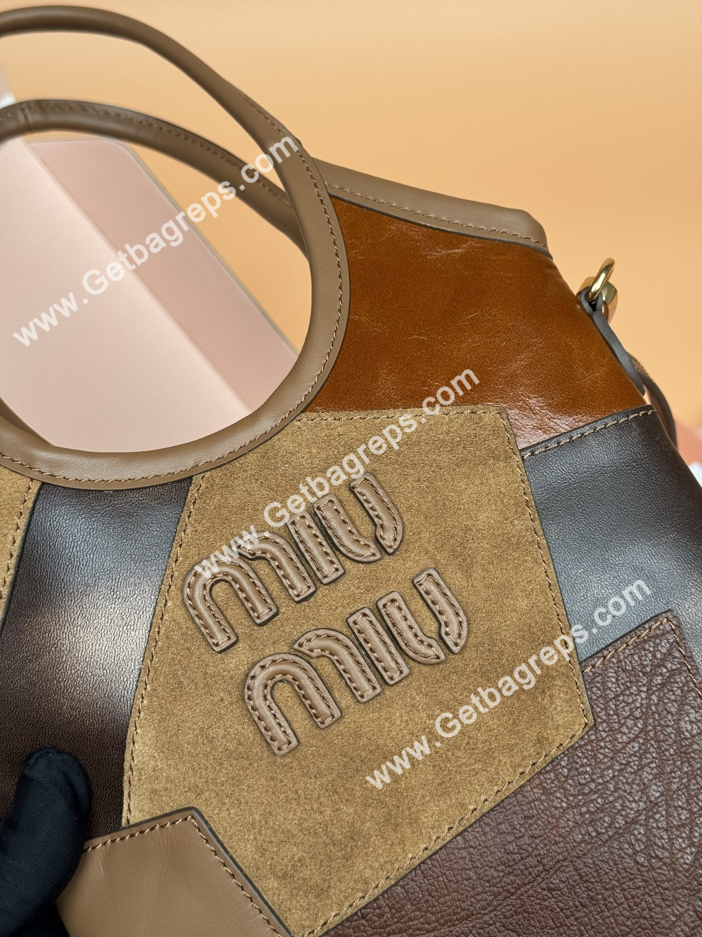 MiuMiu Small IVY Leather Patchwork Bag Cognac