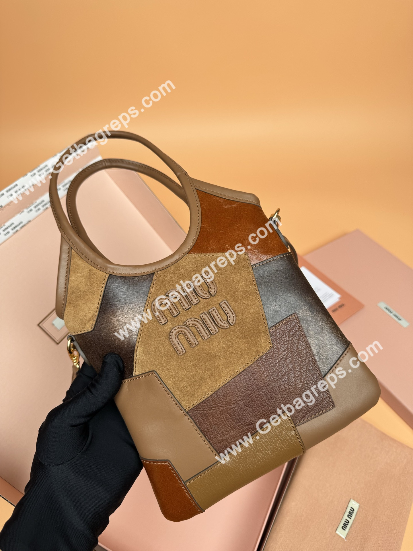MiuMiu Small IVY Leather Patchwork Bag Cognac