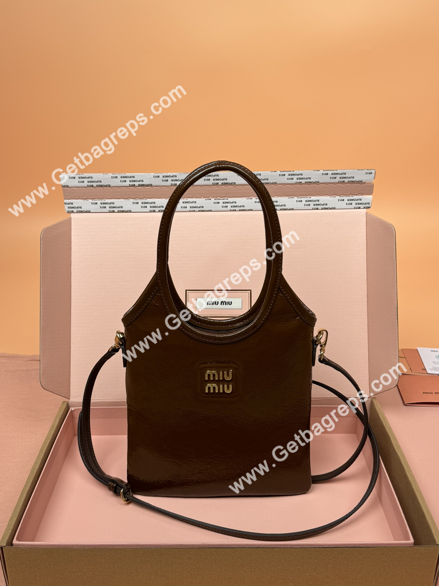 MiuMiu Small IVY Naplak Patented Sheepskin Leather Hadnbag Brown