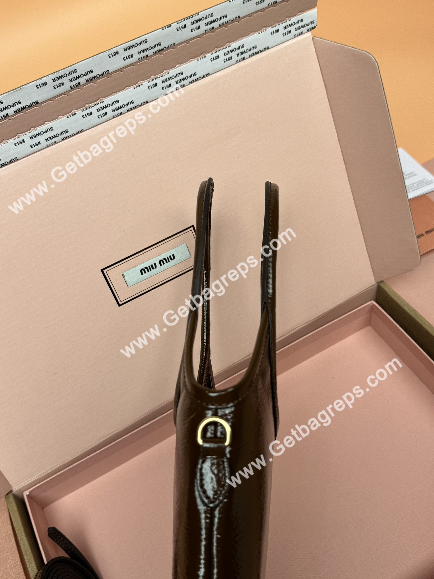 MiuMiu Small IVY Naplak Patented Sheepskin Leather Hadnbag Brown