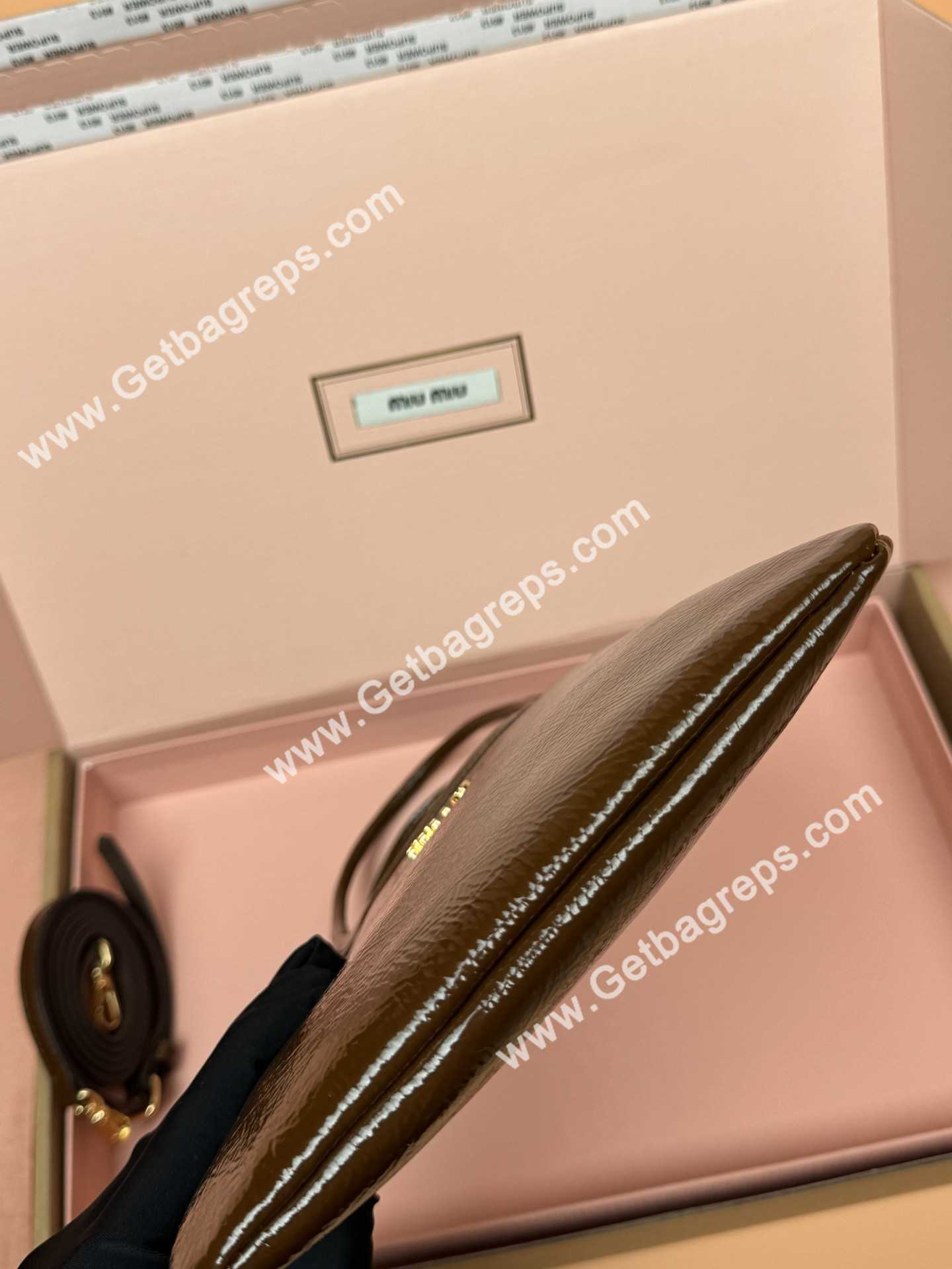 MiuMiu Small IVY Naplak Patented Sheepskin Leather Hadnbag Brown