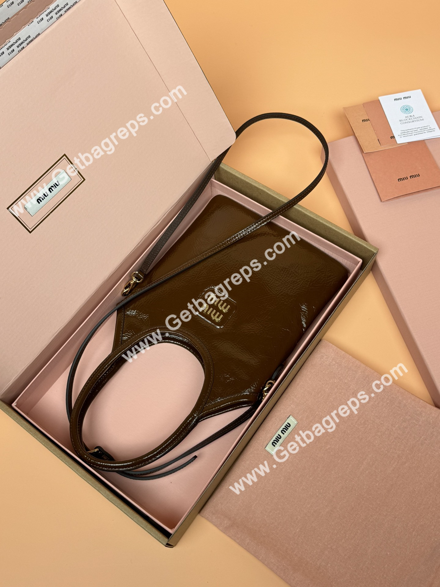MiuMiu Small IVY Naplak Patented Sheepskin Leather Hadnbag Brown