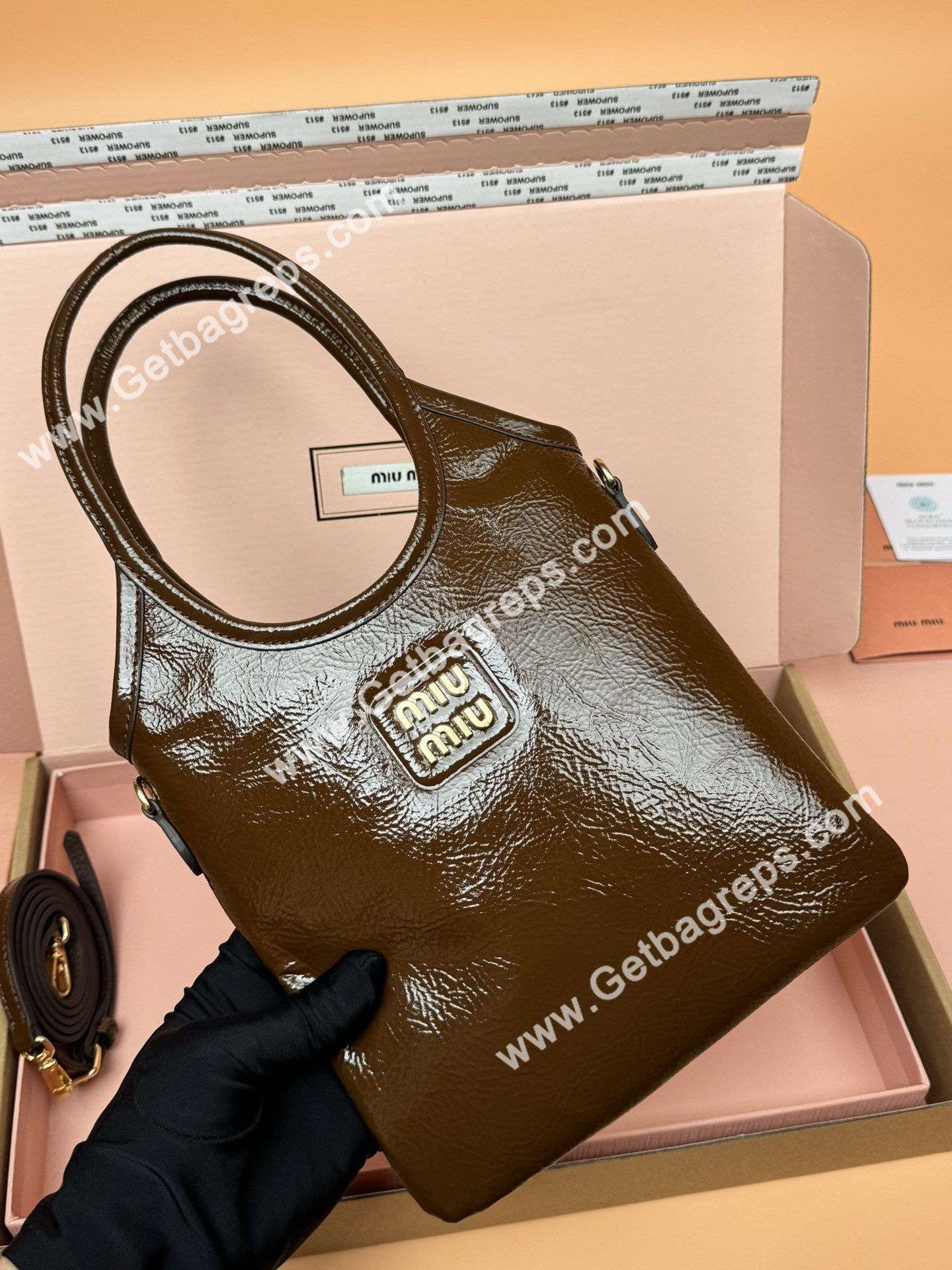 MiuMiu Small IVY Naplak Patented Sheepskin Leather Hadnbag Brown