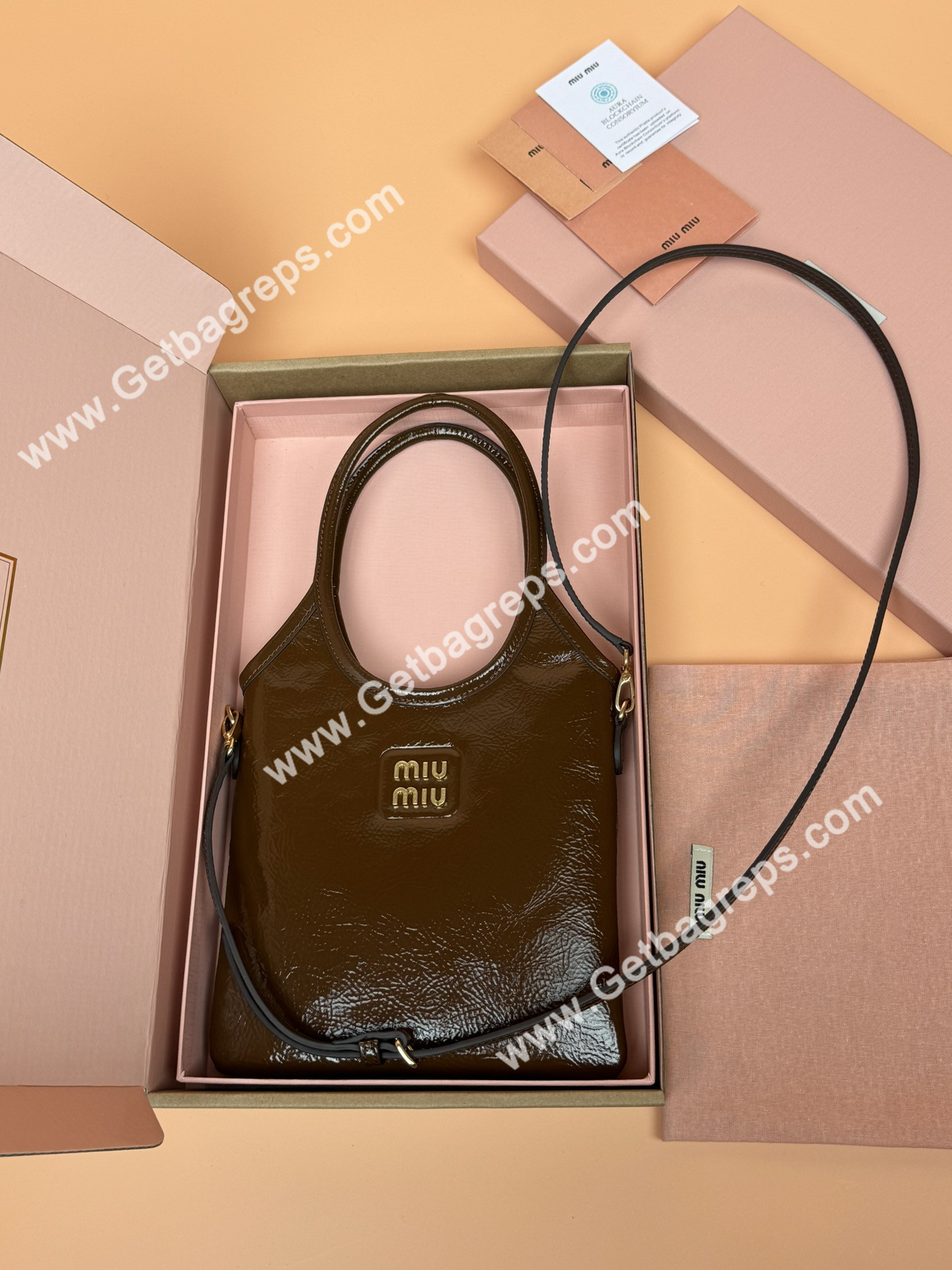 MiuMiu Small IVY Naplak Patented Sheepskin Leather Hadnbag Brown