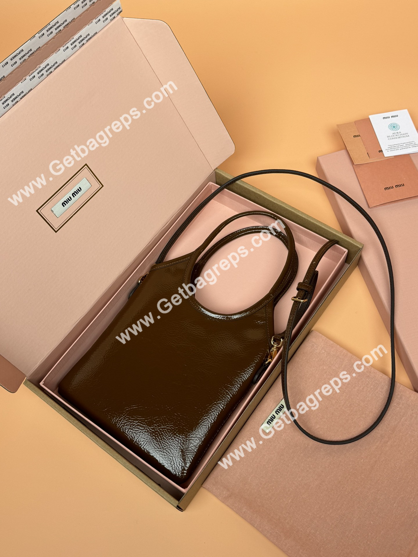 MiuMiu Small IVY Naplak Patented Sheepskin Leather Hadnbag Brown
