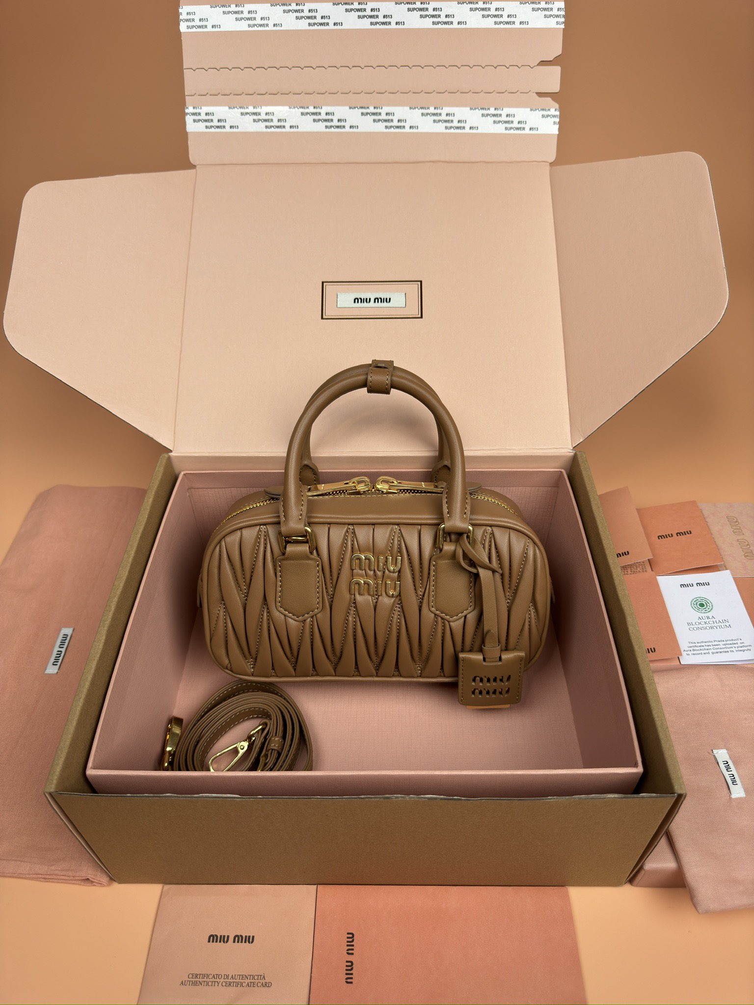 Miumiu 5BB142 Arcadie Matelasse Nappa Leather Bag Brown