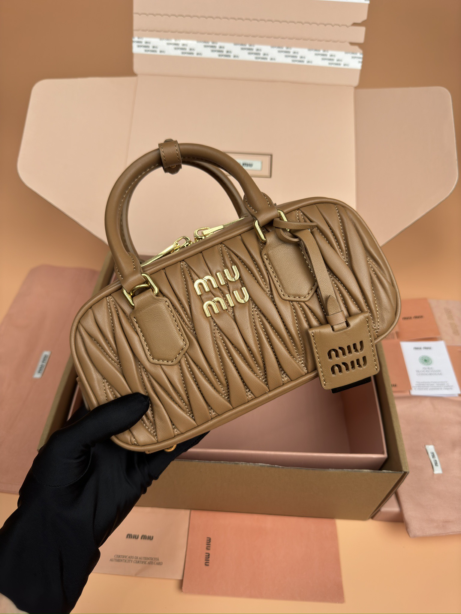 Miumiu 5BB142 Arcadie Matelasse Nappa Leather Bag Brown