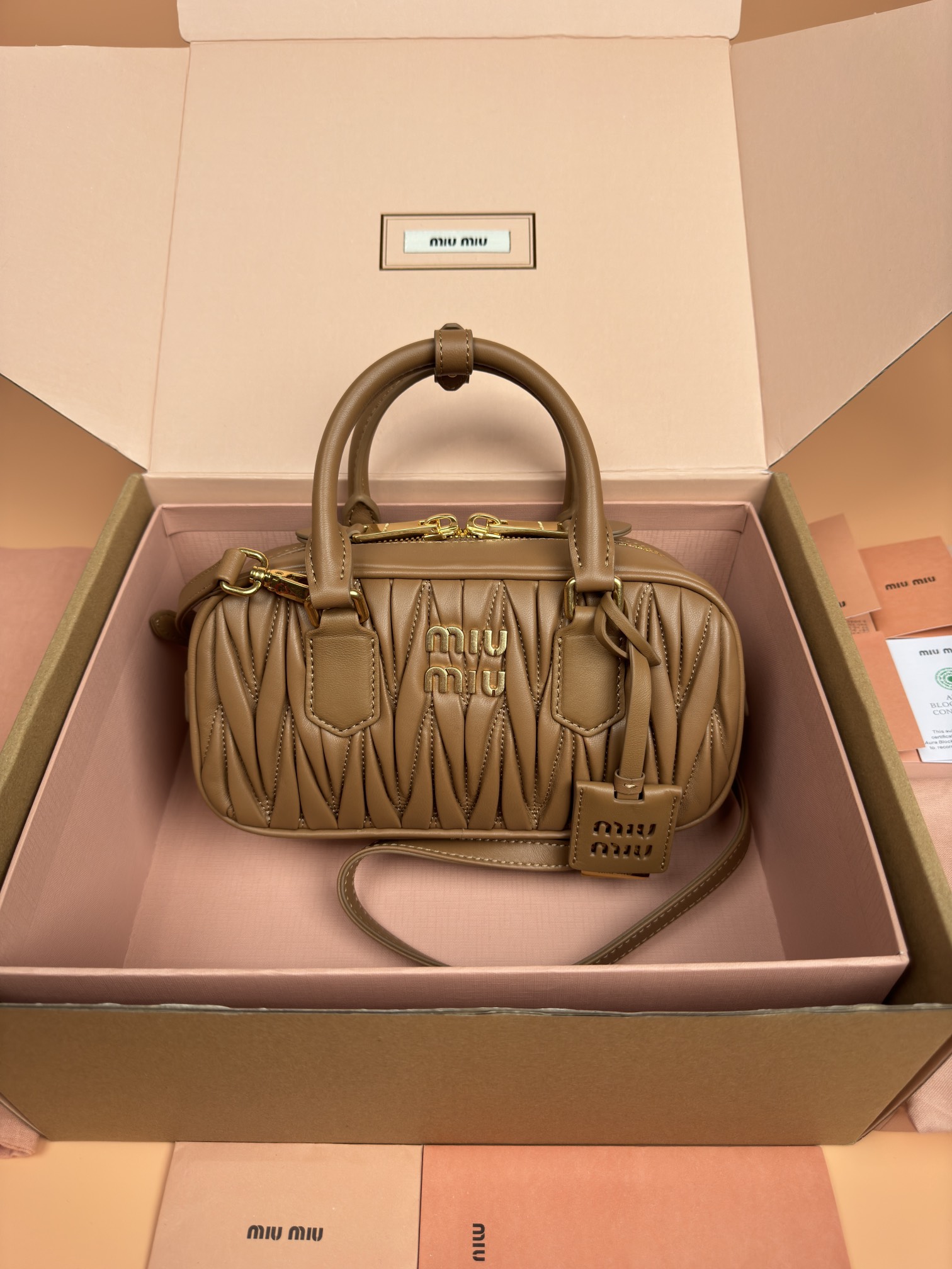 Miumiu 5BB142 Arcadie Matelasse Nappa Leather Bag Brown