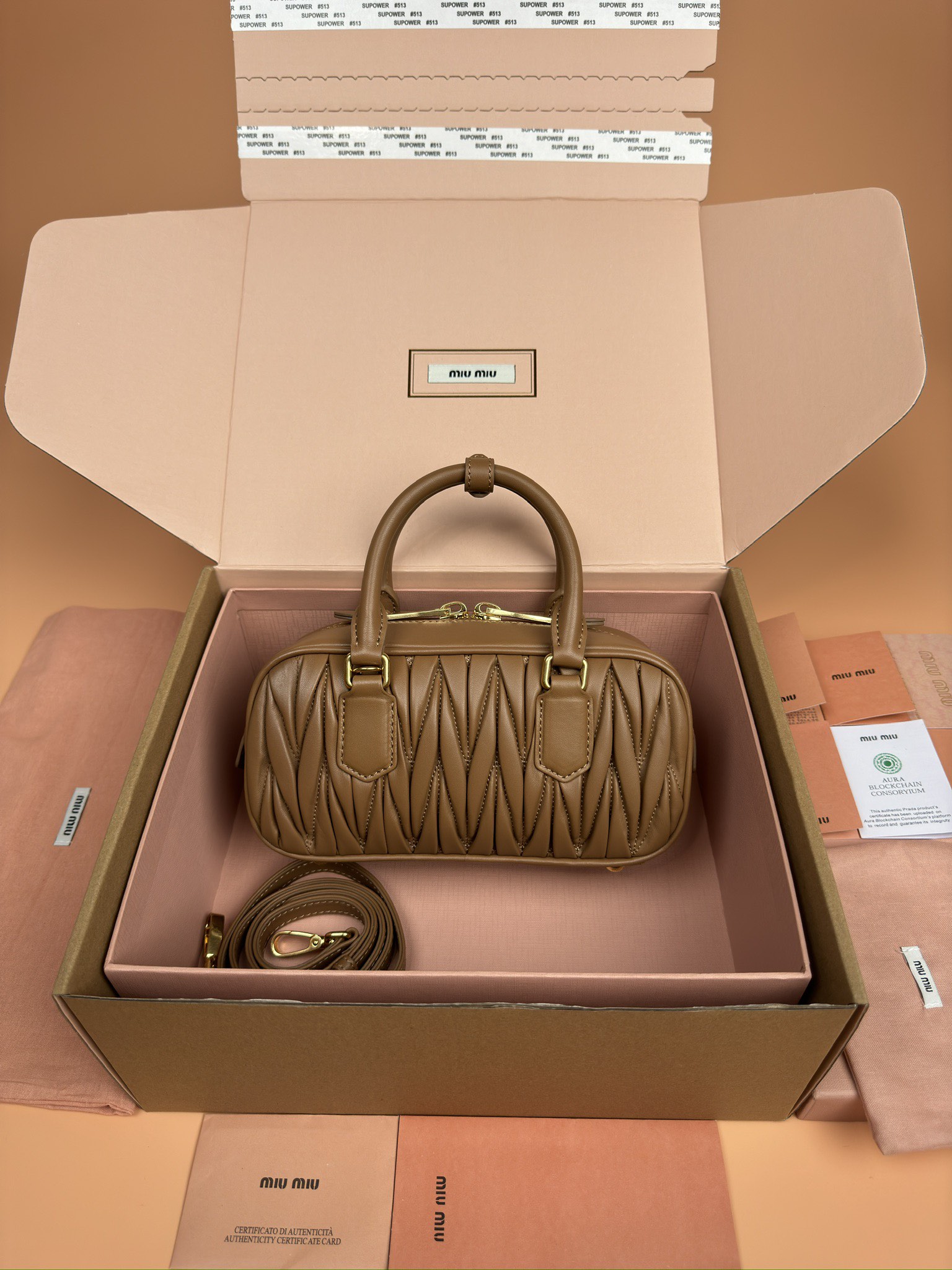 Miumiu 5BB142 Arcadie Matelasse Nappa Leather Bag Brown